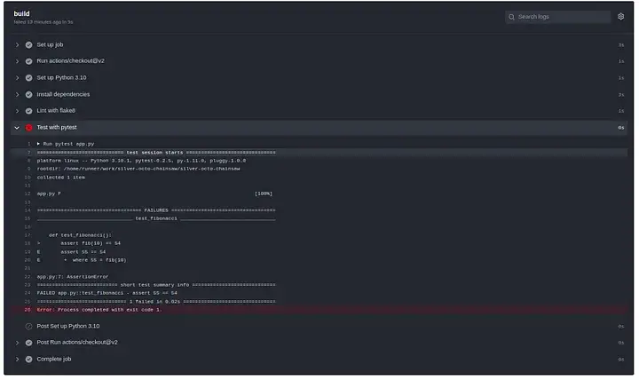Github Actions running pytest tests and showing error in the workflow run logs.