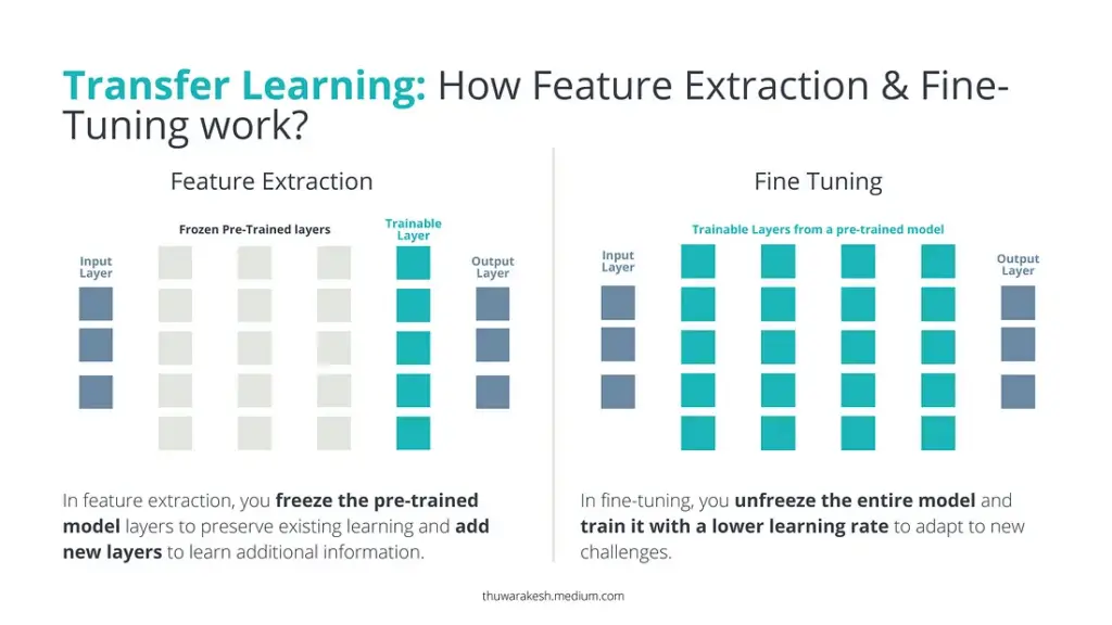 Transfer learning uses pre-trained deep learning models to train for new problems. Feature extraction and Fine-Tuning are two methods used in this process.